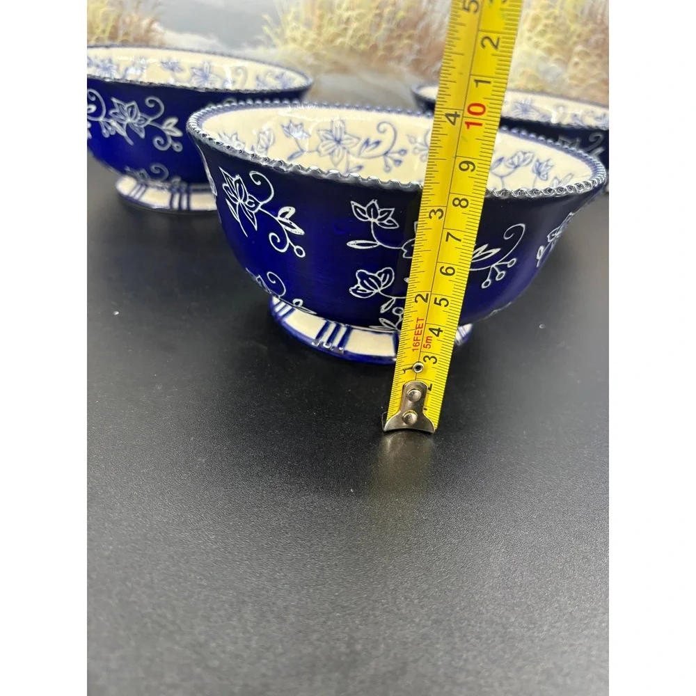 Temp-tations Floral Lace Cobalt Blue White Ceramic Footed Bowls Set of 3 6 inch